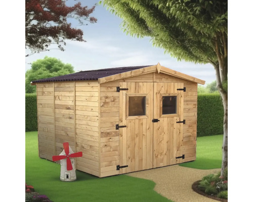 Cabină de grădină din lemn cu ușă dublă și ferestre în grădină