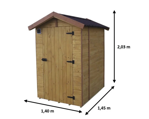 Căsuță de grădină din lemn cu dimensiunile de 2,03 m înălțime, 1,40 m lățime și 1,45 m adâncime.