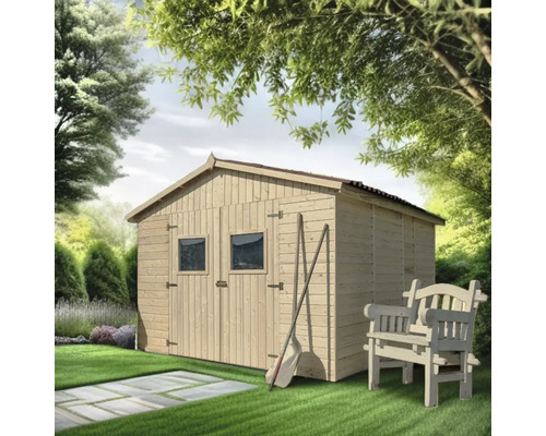 Scenă de grădină cu căsuță de grădină din lemn, unelte de grădină și bancă de grădină.