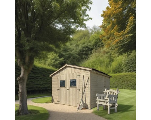 Scenă de grădină cu căsuță de grădină din lemn, bancă și unelte de grădină.