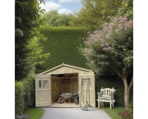 Grădină cu șopron de lemn, roabă, unelte de grădinărit și bancă de grădină.