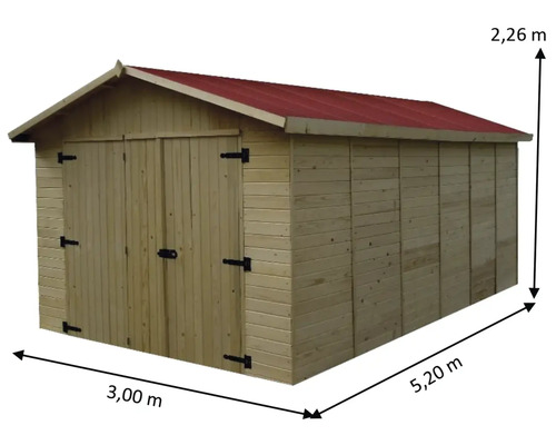 Magazie din lemn cu acoperiș roșu și dimensiunile de 3,00 metri pe 5,20 metri pe 2,26 metri
