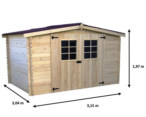 Cabină de grădină din lemn cu ușă dublă, două ferestre și dimensiunile 3,15 metri x 3,04 metri x 1,97 metri