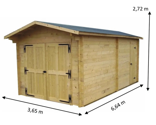 Garaj din lemn cu ușă dublă și ușă laterală, dimensiuni 3,65 metri pe 6,64 metri pe 2,72 metri