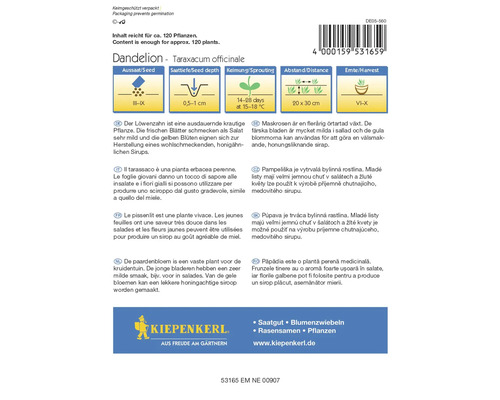 Pachet de semințe de păpădie cu informații despre semănare, adâncimea de semănare, germinare, distanță și recoltare