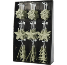 Pachet cu decorațiuni de brad sub formă de stele, fulgi de zăpadă și brazi