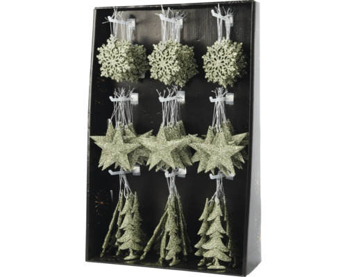 Pachet cu decorațiuni de brad sub formă de stele, fulgi de zăpadă și brazi