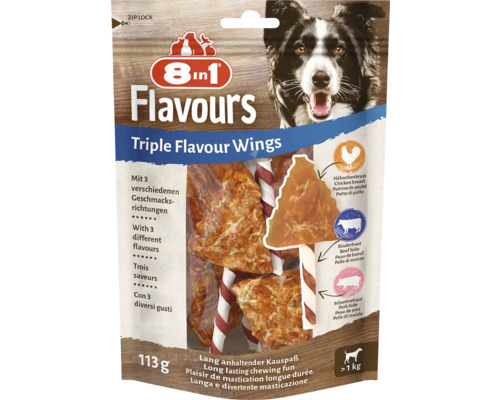 8in1 Flavours Triple Flavour Wings gustare pentru câini cu pui, vită și porc