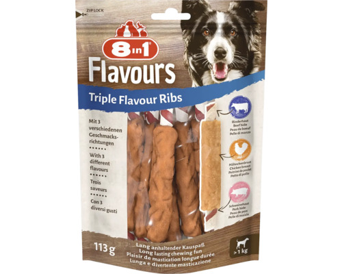 8in1 Flavours Triple Flavour Ribs gustare pentru câini, pachet cu carne de vită, pui și porc