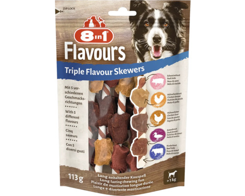 8in1 Flavours Triple Flavour Skewers pentru câini, 113 grame, cu piele de porc, piept de pui, ficat de pui, piept de rață și piele de vită