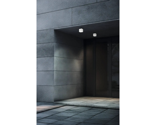 Fotografie exterioară a unei intrări de clădire cu două lămpi de plafon pătrate.