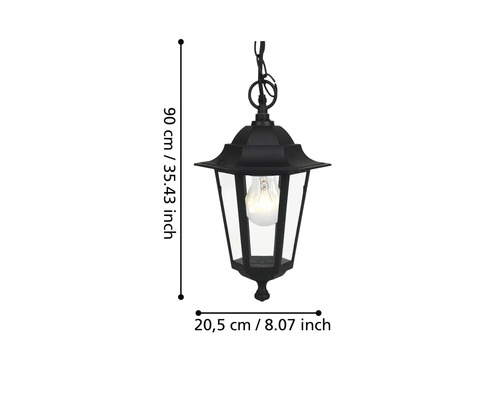 Lampa suspendată neagră pentru exterior cu dimensiunile de 90 centimetri înălțime și 20,5 centimetri diametru