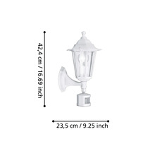 Lumină de perete albă pentru exterior cu senzor de mișcare și dimensiunile de 42,4 cm înălțime și 23,5 cm lățime.