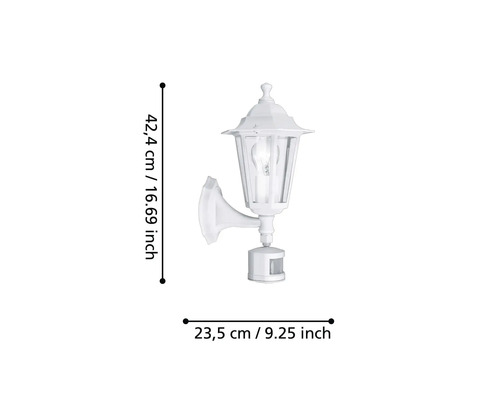 Lumină de perete albă pentru exterior cu senzor de mișcare și dimensiunile de 42,4 cm înălțime și 23,5 cm lățime.