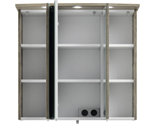 Dulap cu oglindă deschis cu trei uși și rafturi