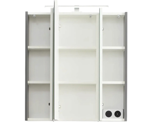 Dulap cu oglindă deschis, cu trei uși și rafturi