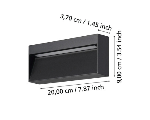 Lumină de perete neagră cu dimensiunile de 20 pe 9 pe 3,7 centimetri