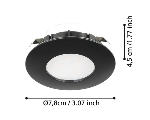 Spot încastrat cu dimensiunile de 7,8 cm în diametru și 4,5 cm înălțime
