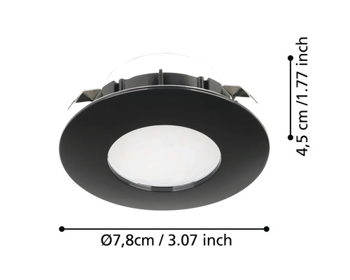Spot încastrat cu dimensiunile de 7,8 cm în diametru și 4,5 cm înălțime