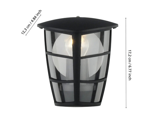 Lampa de perete exterioară neagră cu inserție de sticlă și indicații de dimensiune