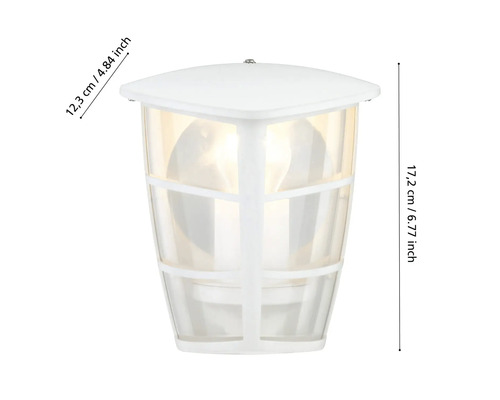 Lumină exterioară albă cu dimensiunile 17,2 cm înălțime și 12,3 cm lățime