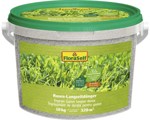 Îngrășământ gazon FloraSelf 10 kg 320 m² de lungă durată Îngrășământ gazon cu eliberare prelungită FloraSelf în găleată, 10 kg pentru 320 metri pătrați