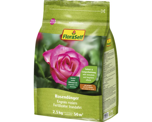 Fertilizator pentru trandafiri FloraSelf 2,5 kg FloraSelf îngrășământ pentru trandafiri, ambalaj de 2,5 kilograme pentru a promova o înflorire bogată