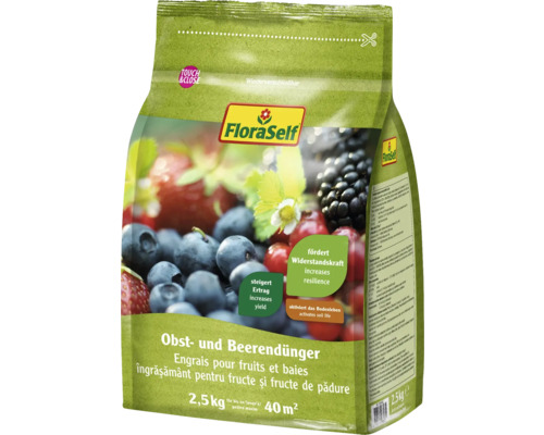 Ingrășământ pentru fructe/ fructe de pădure FloraSelf 2,5 kg FloraSelf Îngrășământ pentru fructe și fructe de pădure, ambalaj de 2,5 kilograme