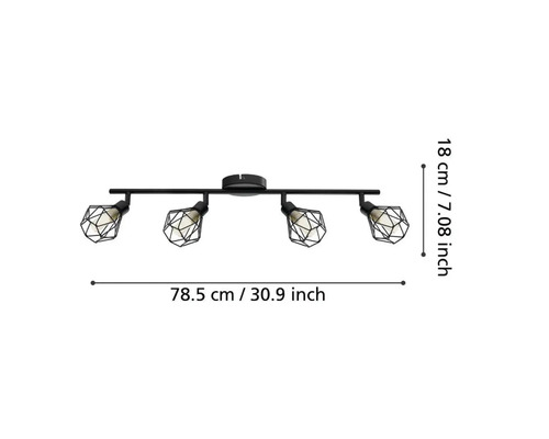 Plafonieră neagră cu patru lămpi și abajururi tip cușcă, dimensiunile sunt afișate.