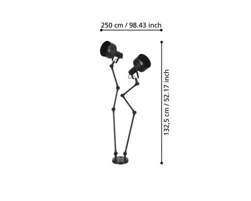 Lampă de podea neagră cu două spoturi și dimensiuni