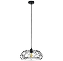 Lumină suspendată neagră cu abajur geometric din sârmă.