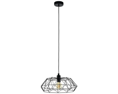 Lumină suspendată neagră cu abajur geometric din sârmă.