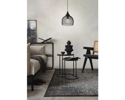 Living luminos cu covor, lampă suspendată, canapea și decorațiuni