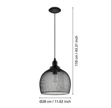 Lampa suspendată neagră cu un diametru de 28 de centimetri și o înălțime de 110 centimetri.