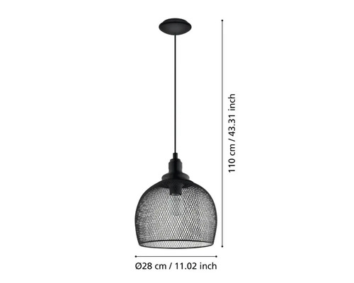 Lampa suspendată neagră cu un diametru de 28 de centimetri și o înălțime de 110 centimetri.