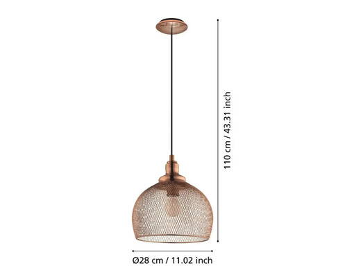 Lumină suspendată de culoarea cuprului, cu un diametru de 28 cm și o înălțime de 110 cm.