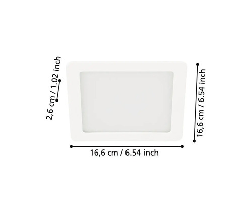 Imagine cu dimensiunile unei lămpi încastrate cu LED, cu lățimea de 16,6 cm, lungimea de 16,6 cm și înălțimea de 2,6 cm.