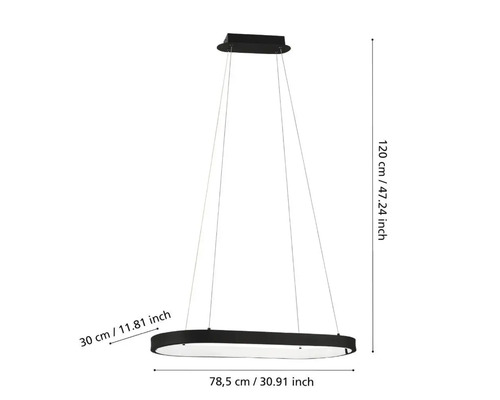 Lumină suspendată ovală cu dimensiunile de 78,5 cm lungime, 30 cm lățime și 120 cm înălțime