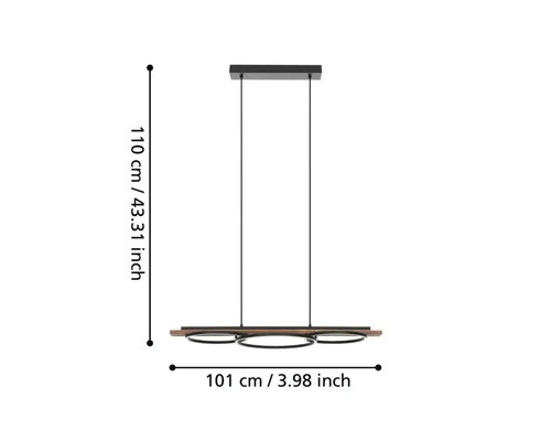 Lumină suspendată cu trei corpuri de iluminat rotunde și dimensiunile de 110 pe 101 centimetri