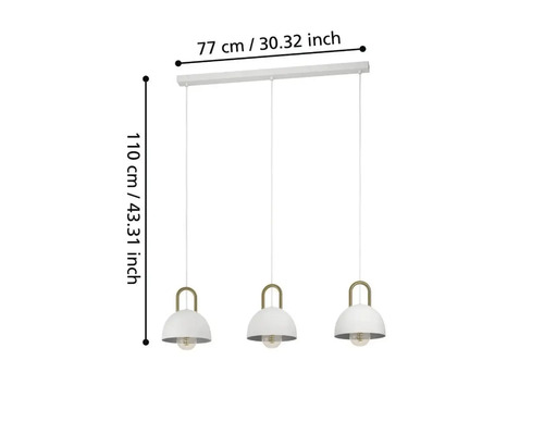 Corp de iluminat suspendat cu trei lămpi și dimensiuni.