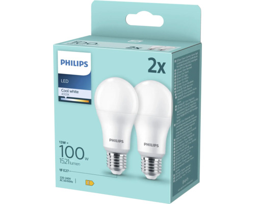 Pachet dublu becuri LED Philips cu soclu E27 și lumină albă rece