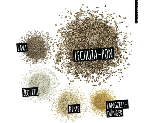 Componente substrat de plantare LECHUZA-PON: lavă, zeolit, piatră ponce și îngrășământ cu eliberare prelungită
