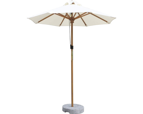 Umbrelă de soare cu cadru din lemn și bază de piatră