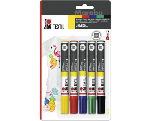 Set de markere textile Marabu Universal cu cinci pixuri pentru pictură pe textile