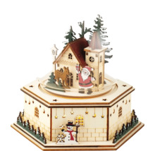 Căsuță de Crăciun din lemn cu Moș Crăciun, ren și om de zăpadă