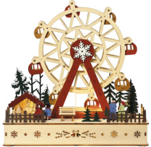 Scenă miniaturală decorativă din lemn cu roată Ferris, copaci și figuri