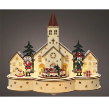 Scenă decorativă de Crăciun cu biserică, spărgători de nuci și tren