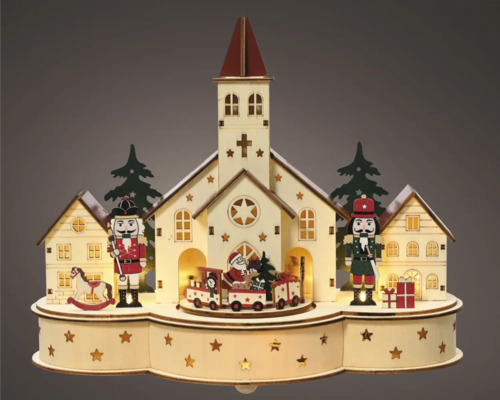 Scenă decorativă de Crăciun cu biserică, spărgători de nuci și tren