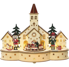 Decorațiune de Crăciun iluminată cu biserică, spărgători de nuci și tren