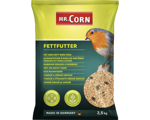 Hrană pentru păsări sălbatice Mr. Corn Fat Food 2,5 kg Mr. Corn hrană grasă în sac de 2,5 kilograme cu o imagine a unui măcăleandru